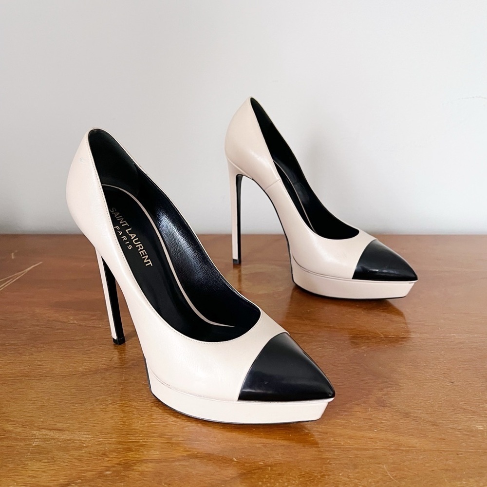 SAINT LAURENT • Janis 105 Cap-Toe Platform Pump two tone beige nude black heels